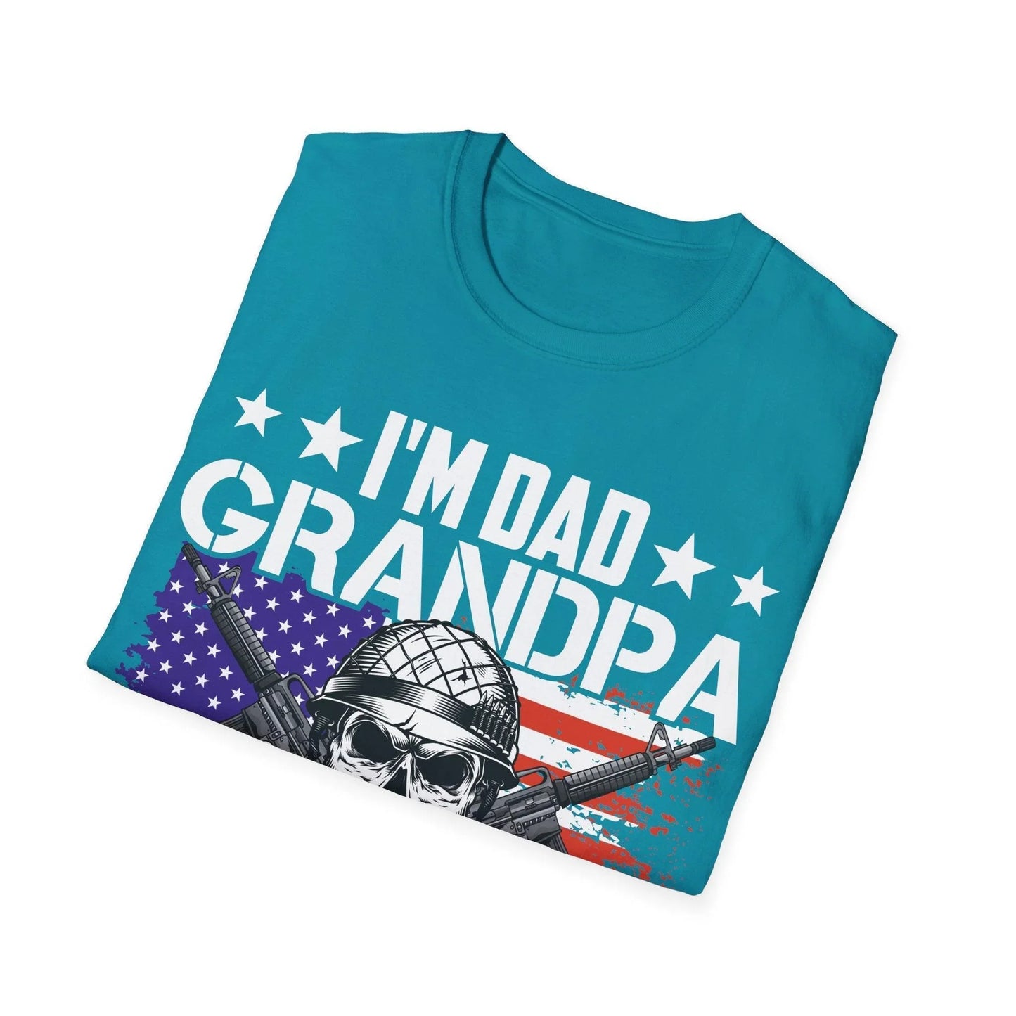 Front neckline detail showcasing the unisex relaxed fit and vibrant navy color of the Dad Grandpa Veteran T-Shirt.