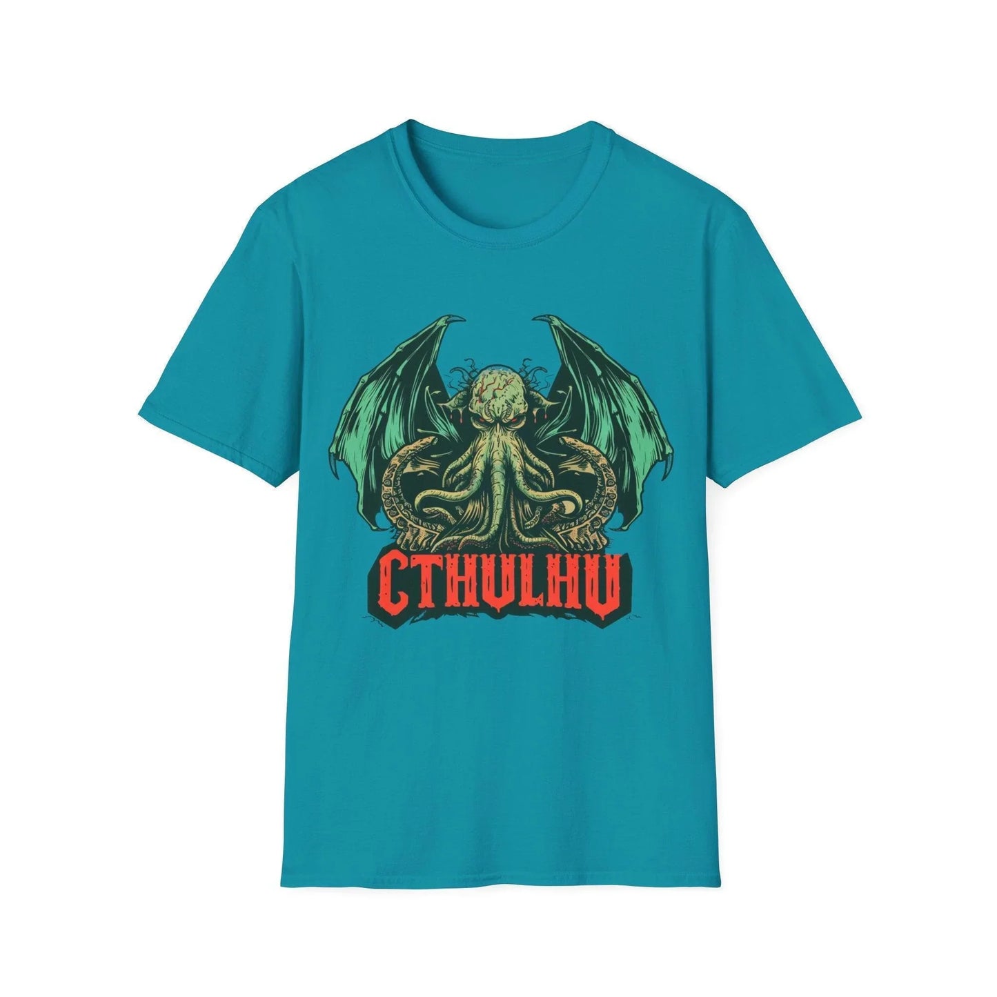 Close-up of the Cthulhu graphic print on the chest of the relaxed fit black cotton T-shirt, showcasing intricate tentacle