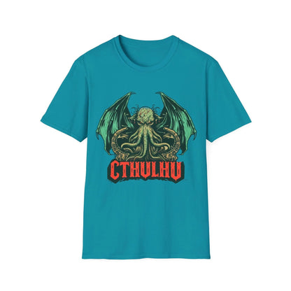 Close-up of the Cthulhu graphic print on the chest of the relaxed fit black cotton T-shirt, showcasing intricate tentacle
