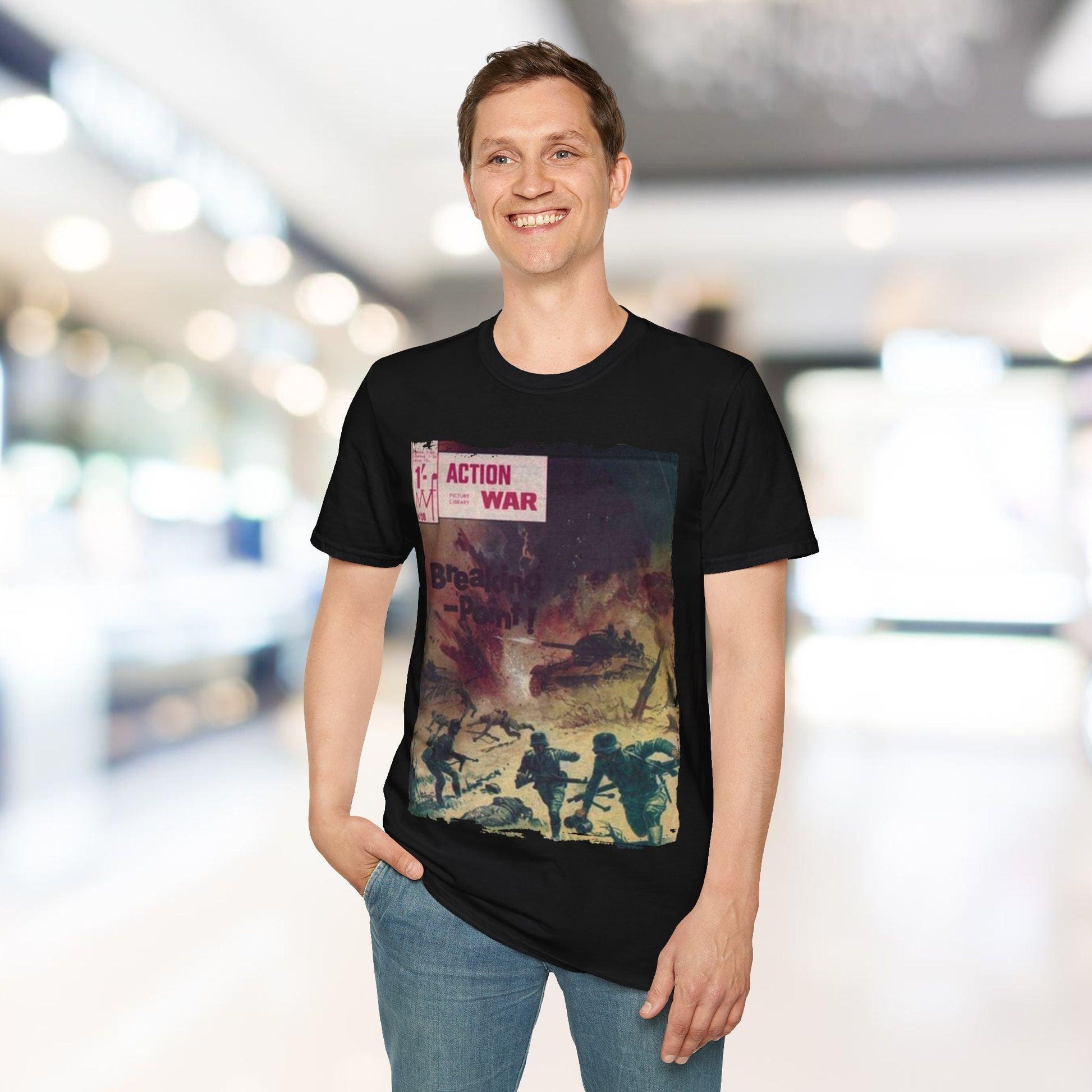 Close-up of the unisex softstyle T-shirt neckline highlighting the narrow ribbed collar and smooth fabric texture in vibrant