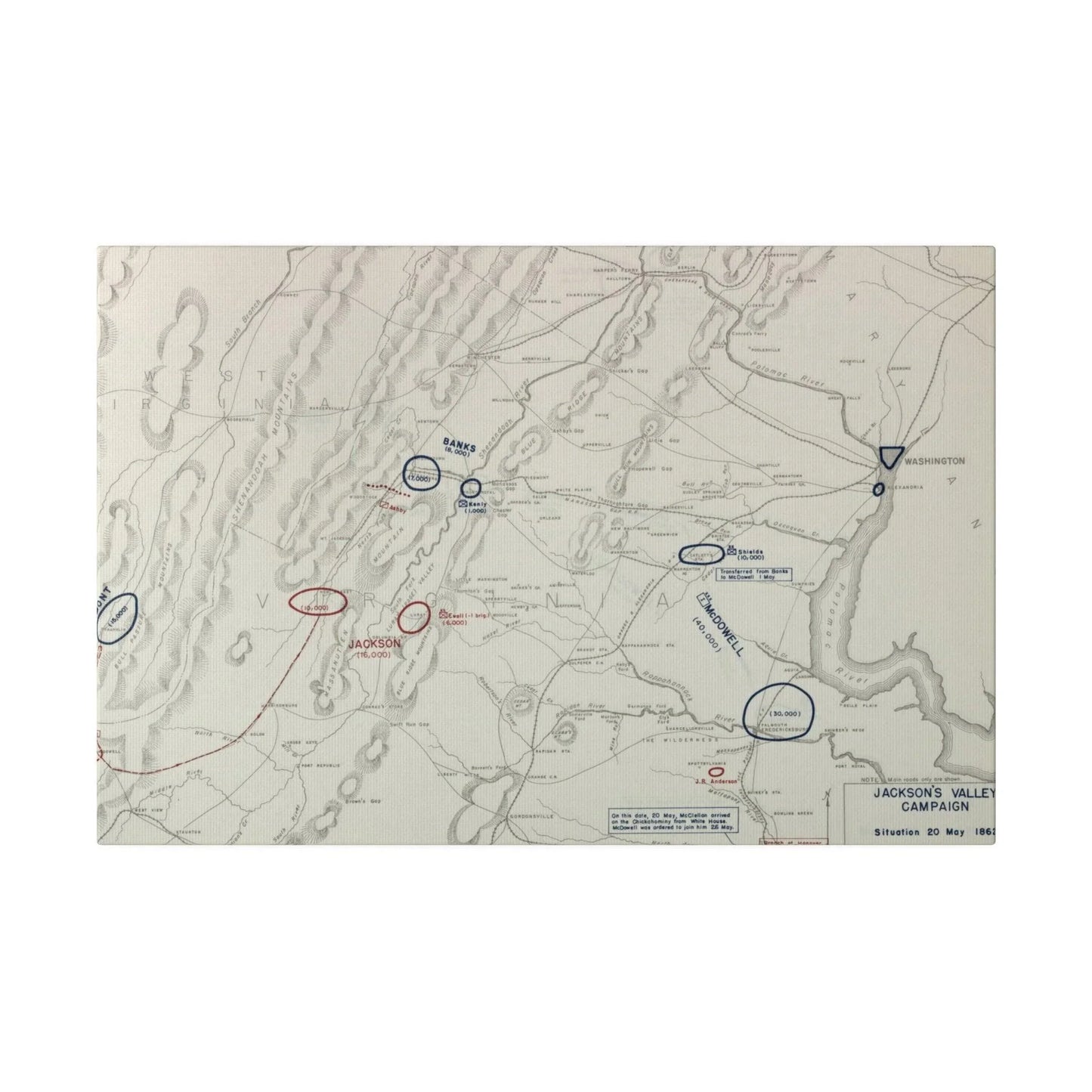 Close-up of detailed canvas texture and subtle brushstrokes depicting the 1862 Jackson's Valley Campaign scene from a