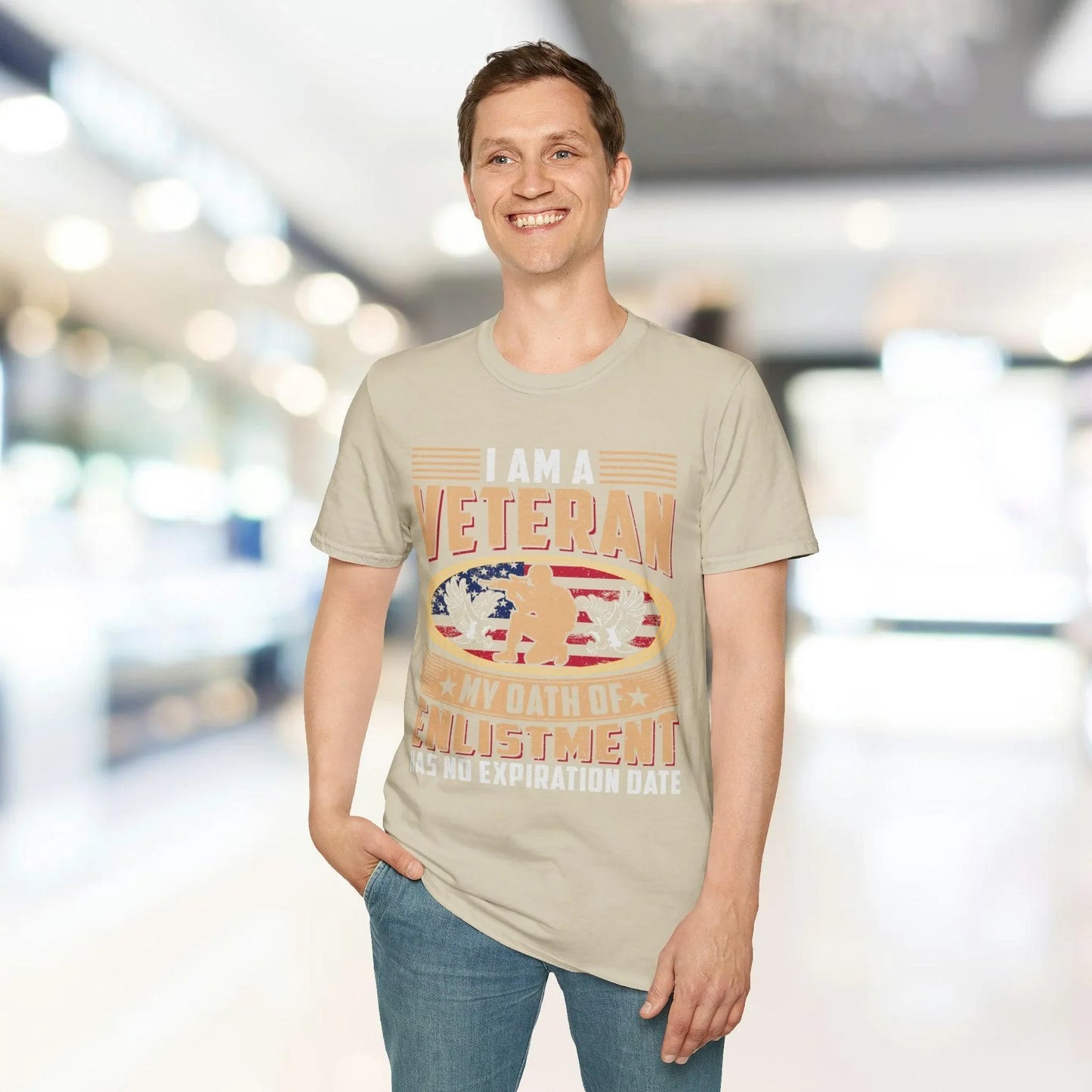 Close-up of the unisex fit label on the chest, showing the "Enlistment Has No Expiration" design on soft-style cotton fabric