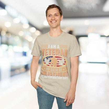 Close-up of the unisex fit label on the chest, showing the "Enlistment Has No Expiration" design on soft-style cotton fabric