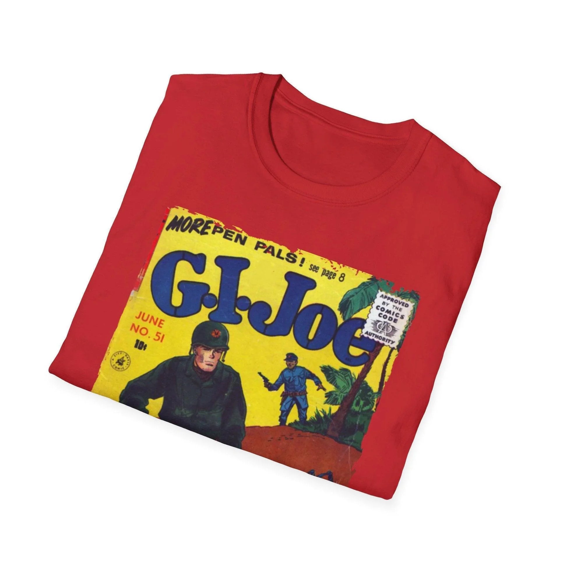 Close-up of the G.I. Joe No.51 T-shirt's soft cotton fabric showing textured knit detail and relaxed fit neckline from a