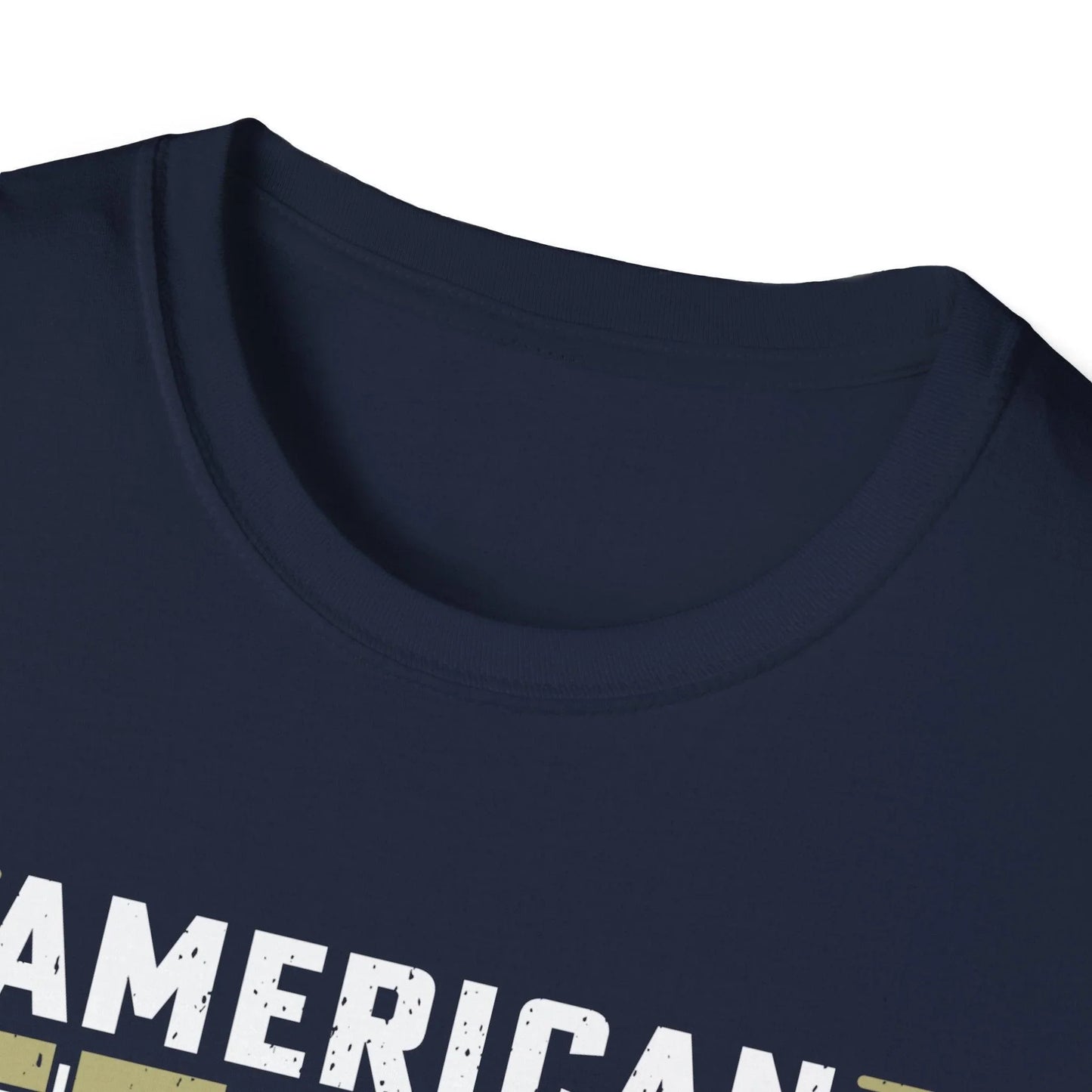 Close-up of the I AM NOT A HERO T-shirt's neckline showing reinforced stitching and smooth cotton fabric texture from a