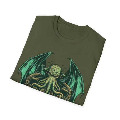 Close-up of the Cthulhu logo printed on the soft, heather gray fabric with visible stitching along the neckline and short