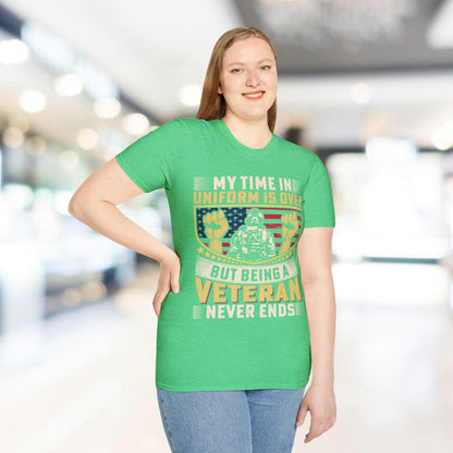 Close-up of the unisex soft cotton fabric and relaxed fit, highlighting the heathered navy color and crew neckline from a