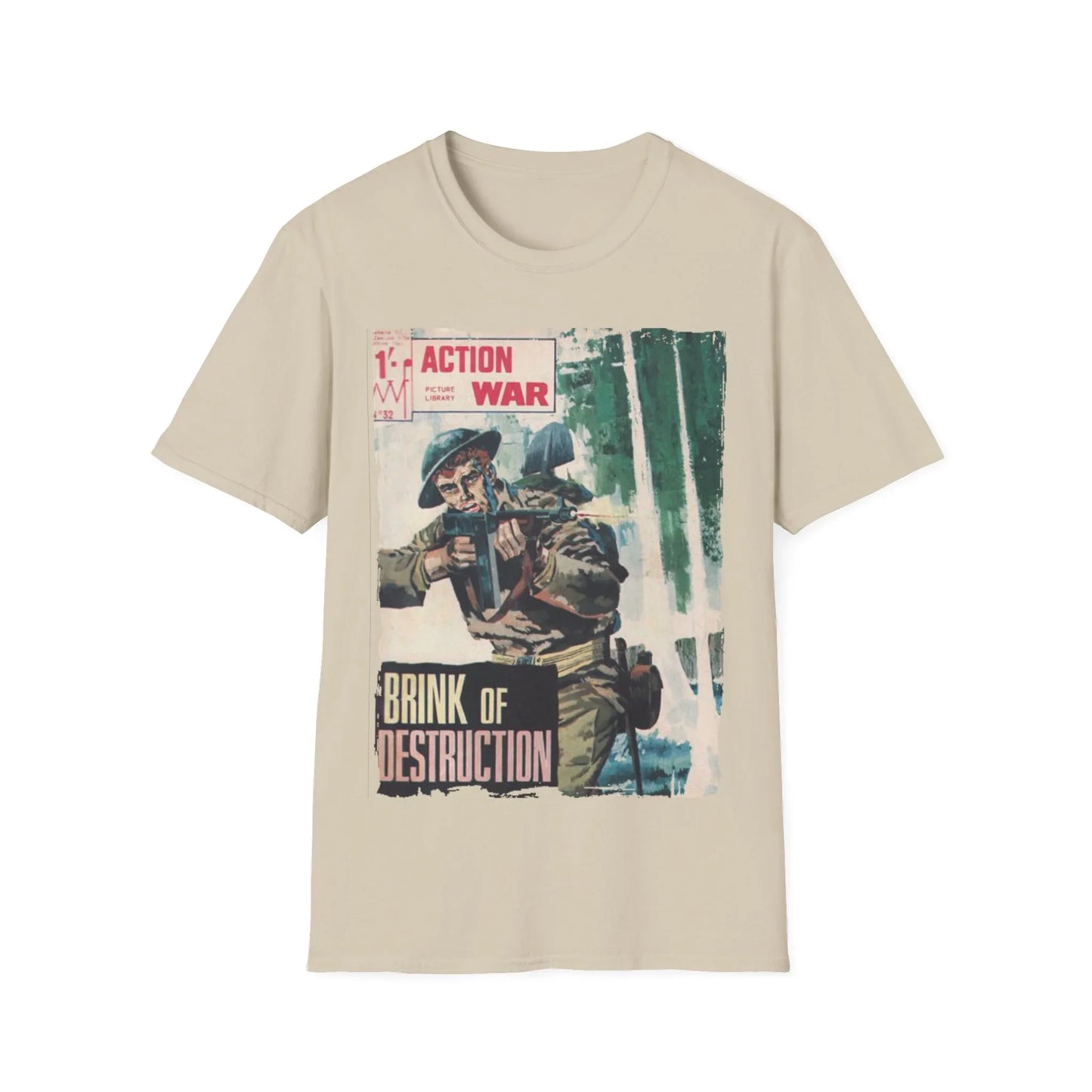 Close-up of the unisex softstyle T-shirt’s fabric texture highlighting the heathered gray knit and relaxed fit around the