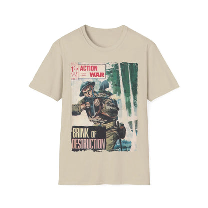 Close-up of the unisex softstyle T-shirt’s fabric texture highlighting the heathered gray knit and relaxed fit around the