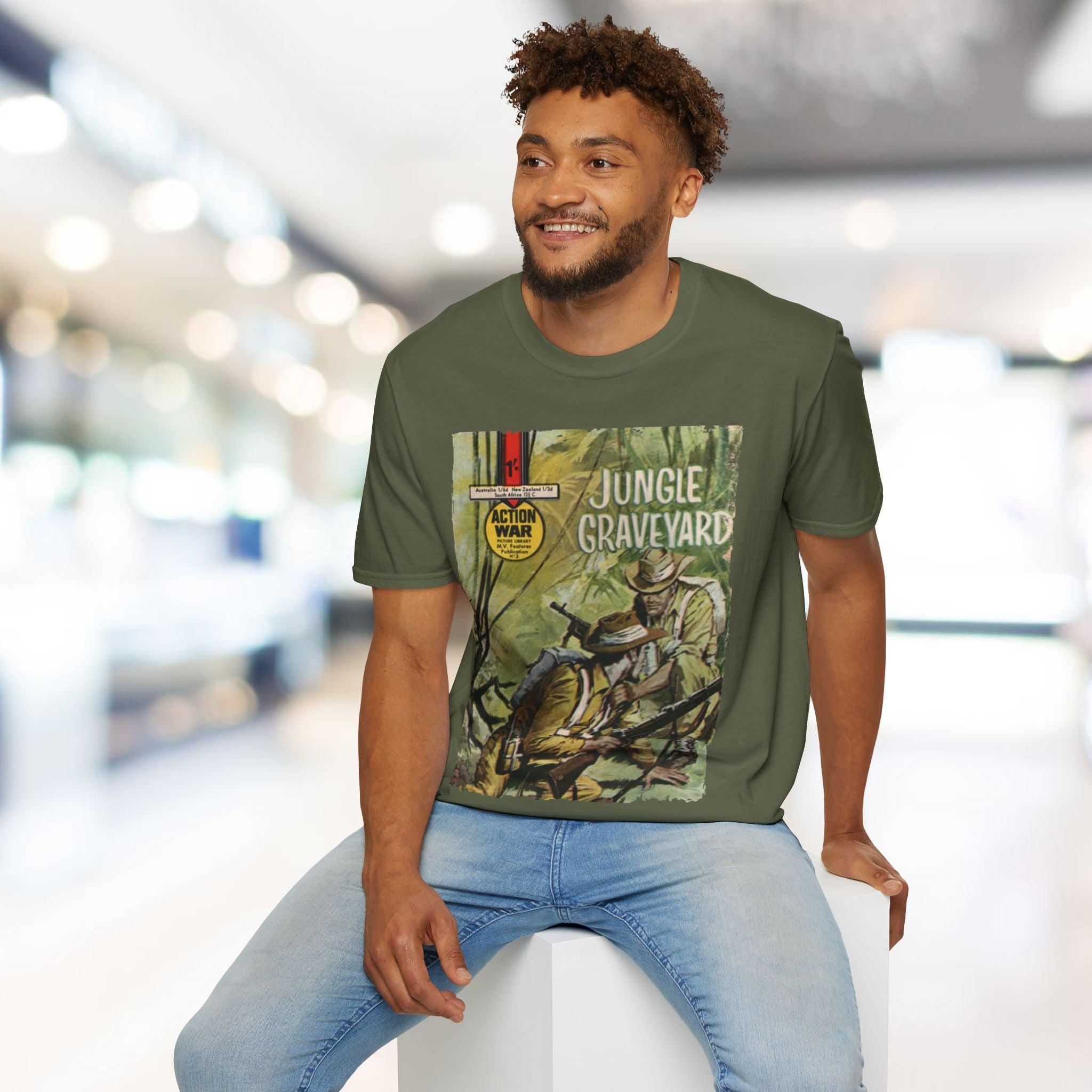 Close-up of the unisex softstyle fabric displaying a heathered charcoal color and smooth knit texture at the sleeve edge.