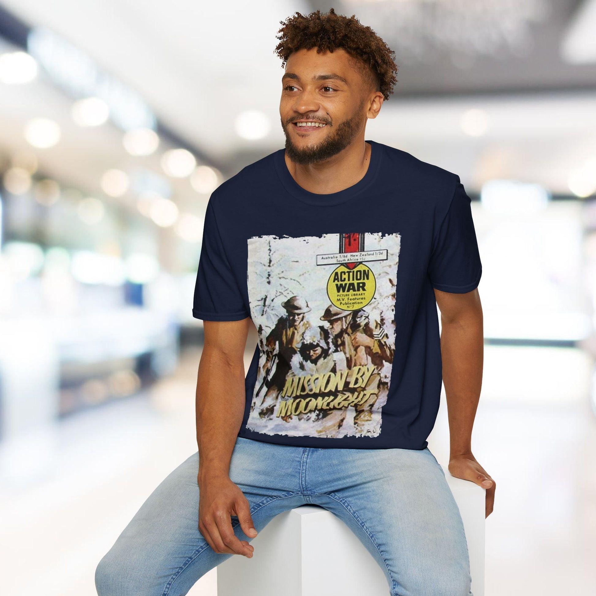 Close-up of the unisex softstyle T-shirt's fabric texture and subtle heather pattern highlighting the relaxed fit and crew