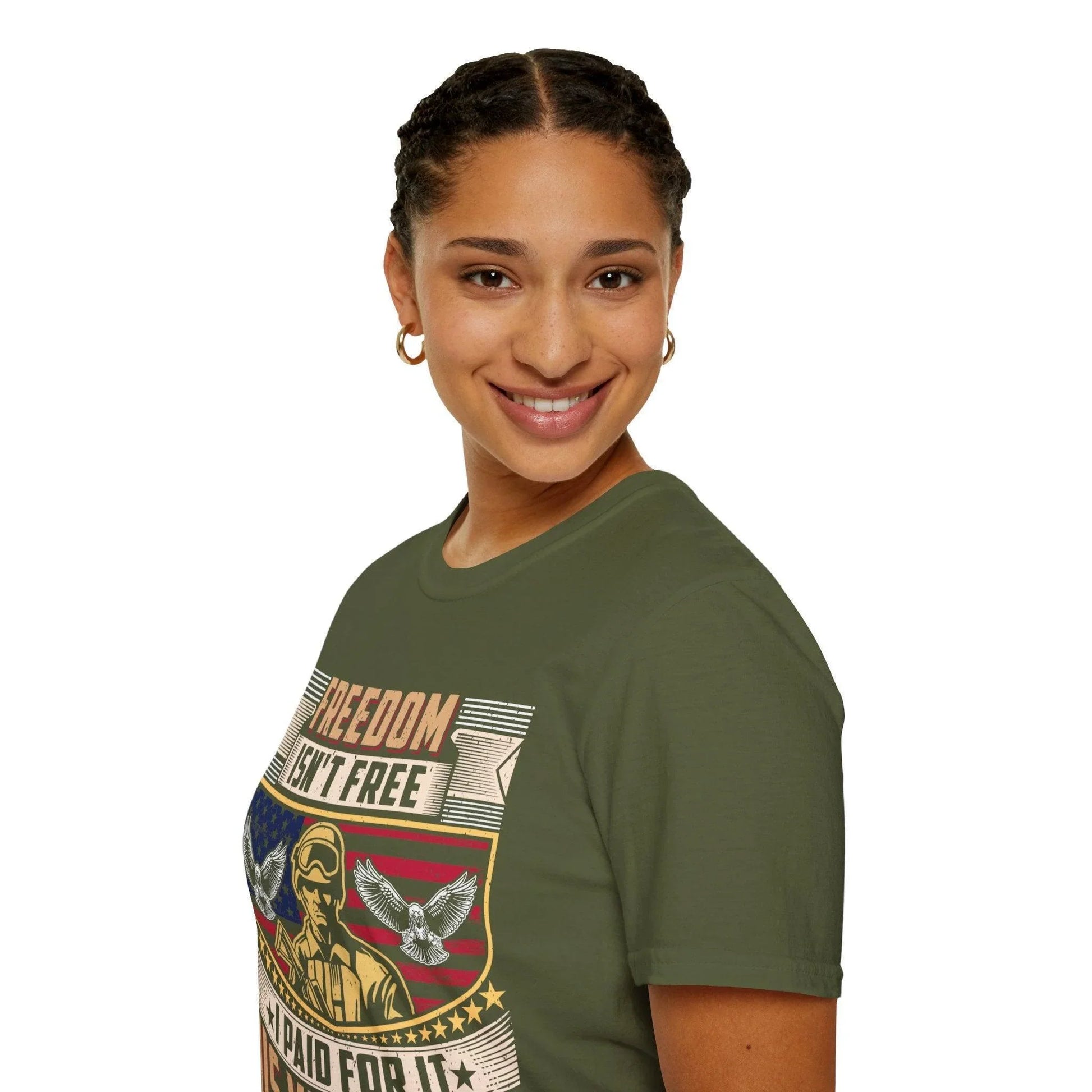 Close-up of the unisex softstyle fabric texture and relaxed fit in vibrant navy, showcasing the T-shirt’s smooth