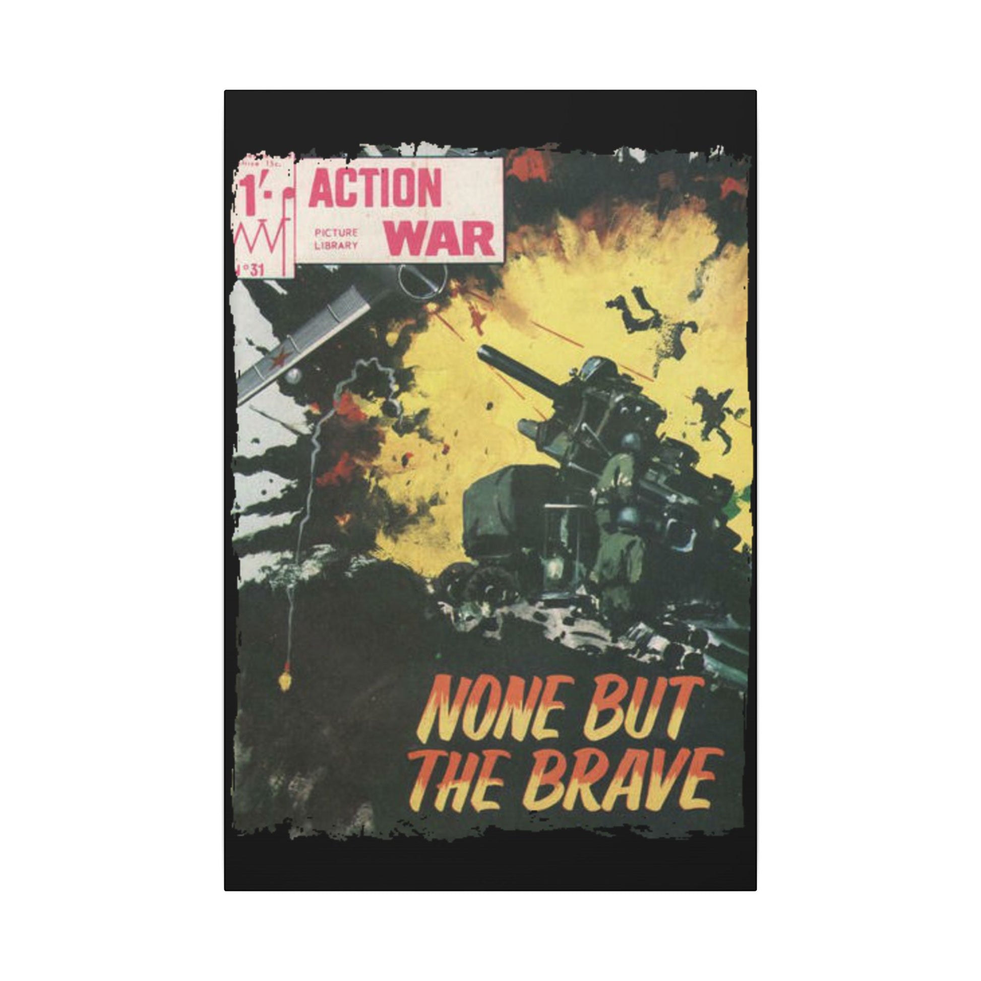 Close-up of the canvas texture highlighting detailed printing and vibrant color contrast on the Action War #31 comic cover.