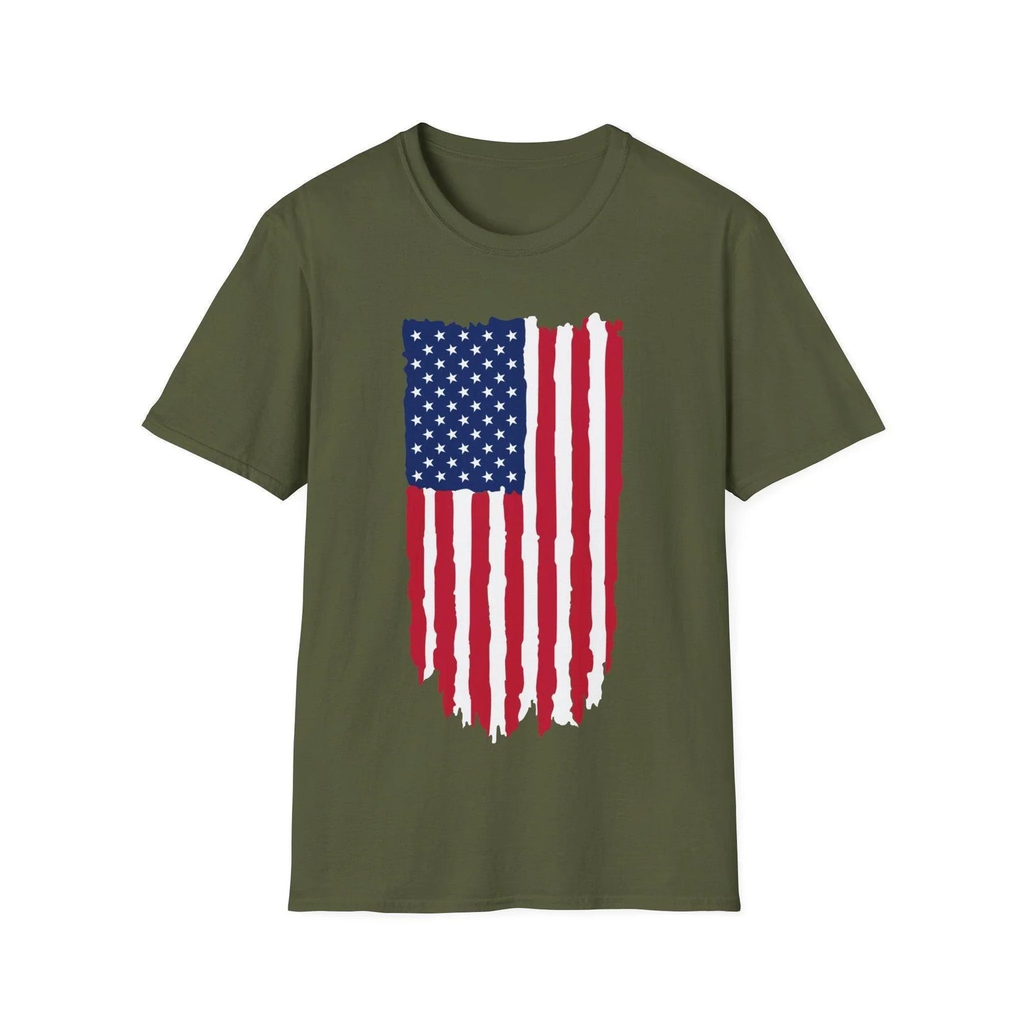 Close-up of the distressed vertical American flag graphic showcasing vibrant colors and rugged texture on the softstyle