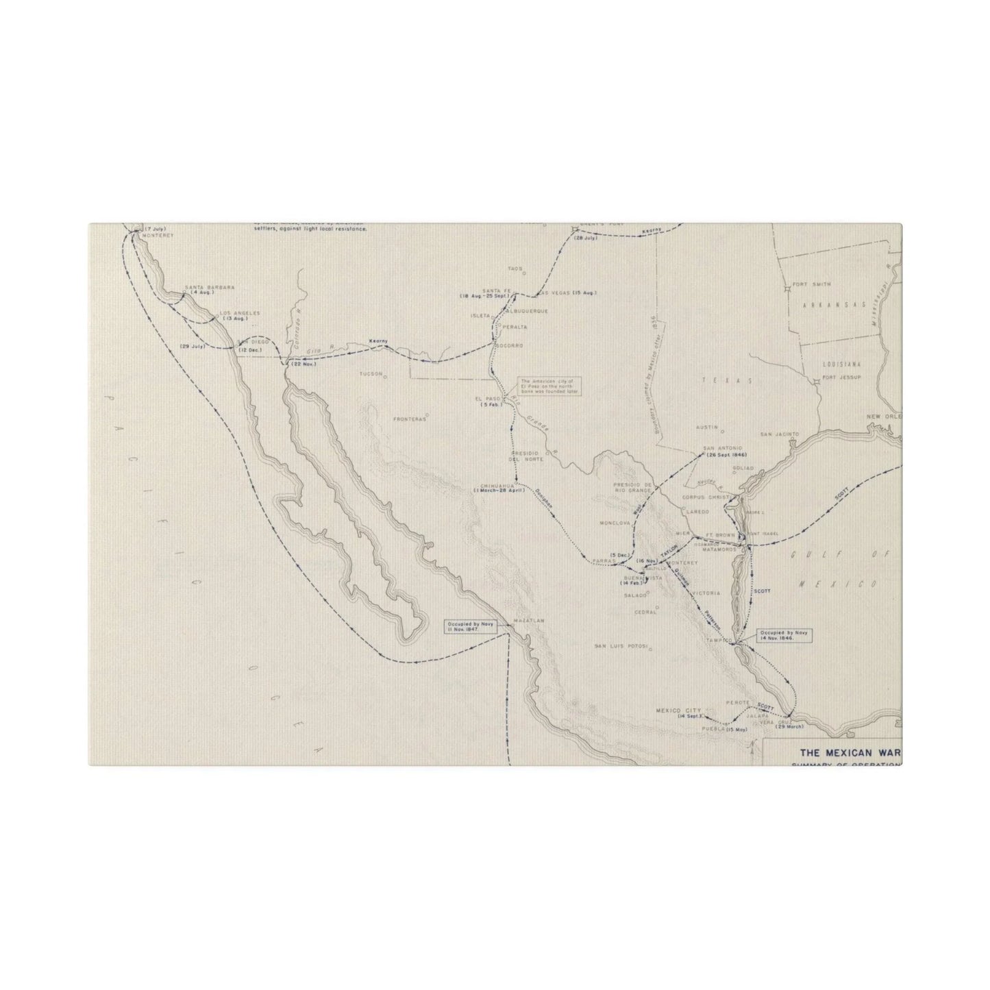 Close-up of textured canvas surface highlighting detailed brushstroke patterns and vintage color tones of the Mexican War