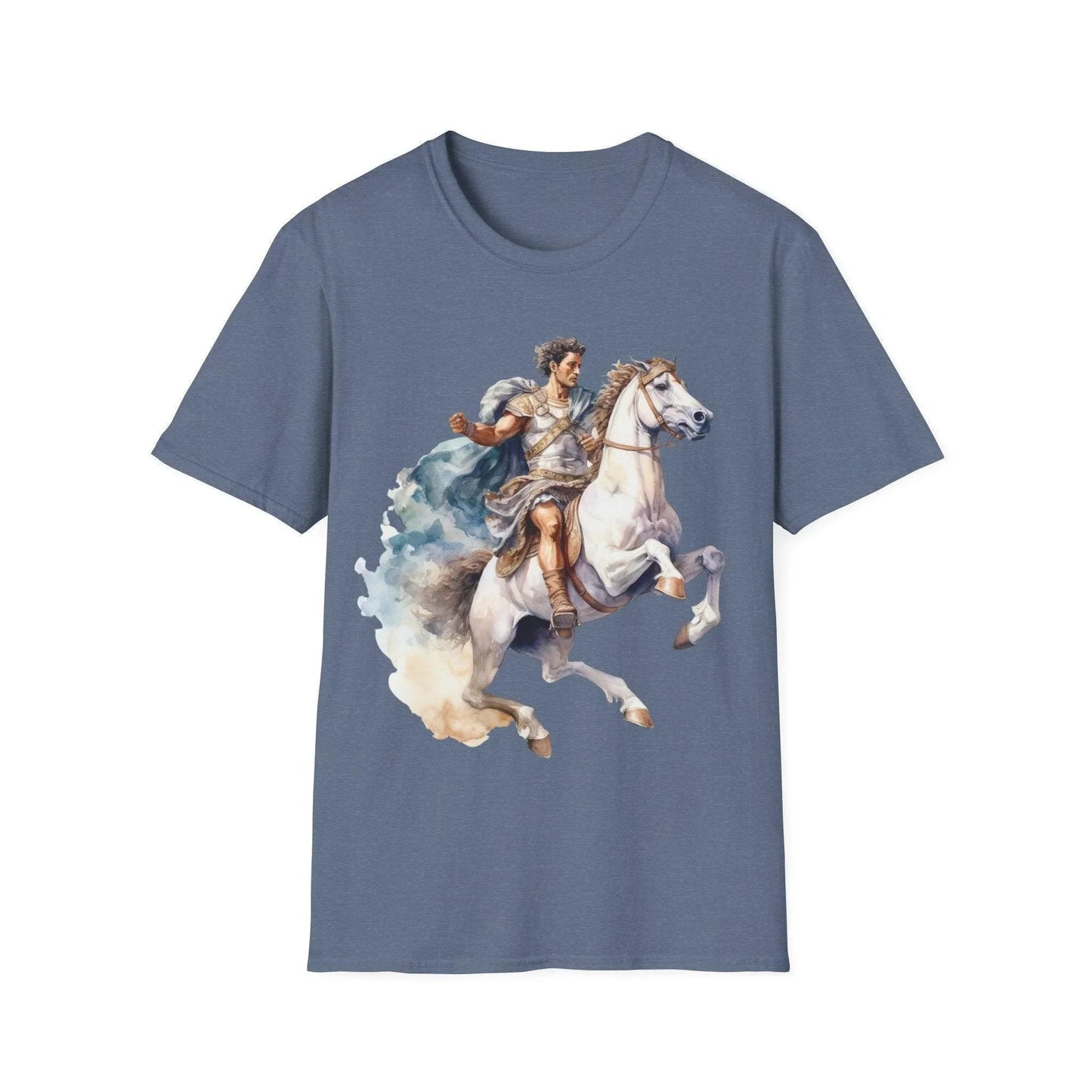 Close-up of the chest graphic featuring ancient armored general design on the soft white cotton T-shirt with a relaxed fit