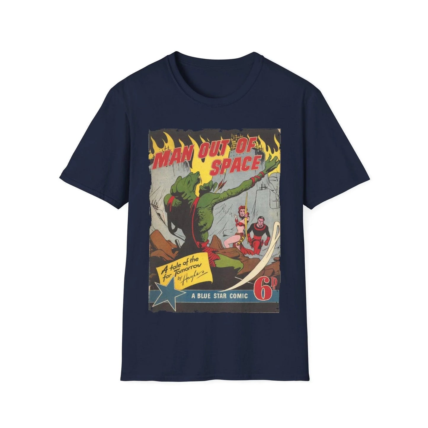 Close-up of the unisex softstyle fabric with a relaxed fit in deep navy, highlighting smooth texture and subtle stitching