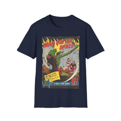 Close-up of the unisex softstyle fabric with a relaxed fit in deep navy, highlighting smooth texture and subtle stitching