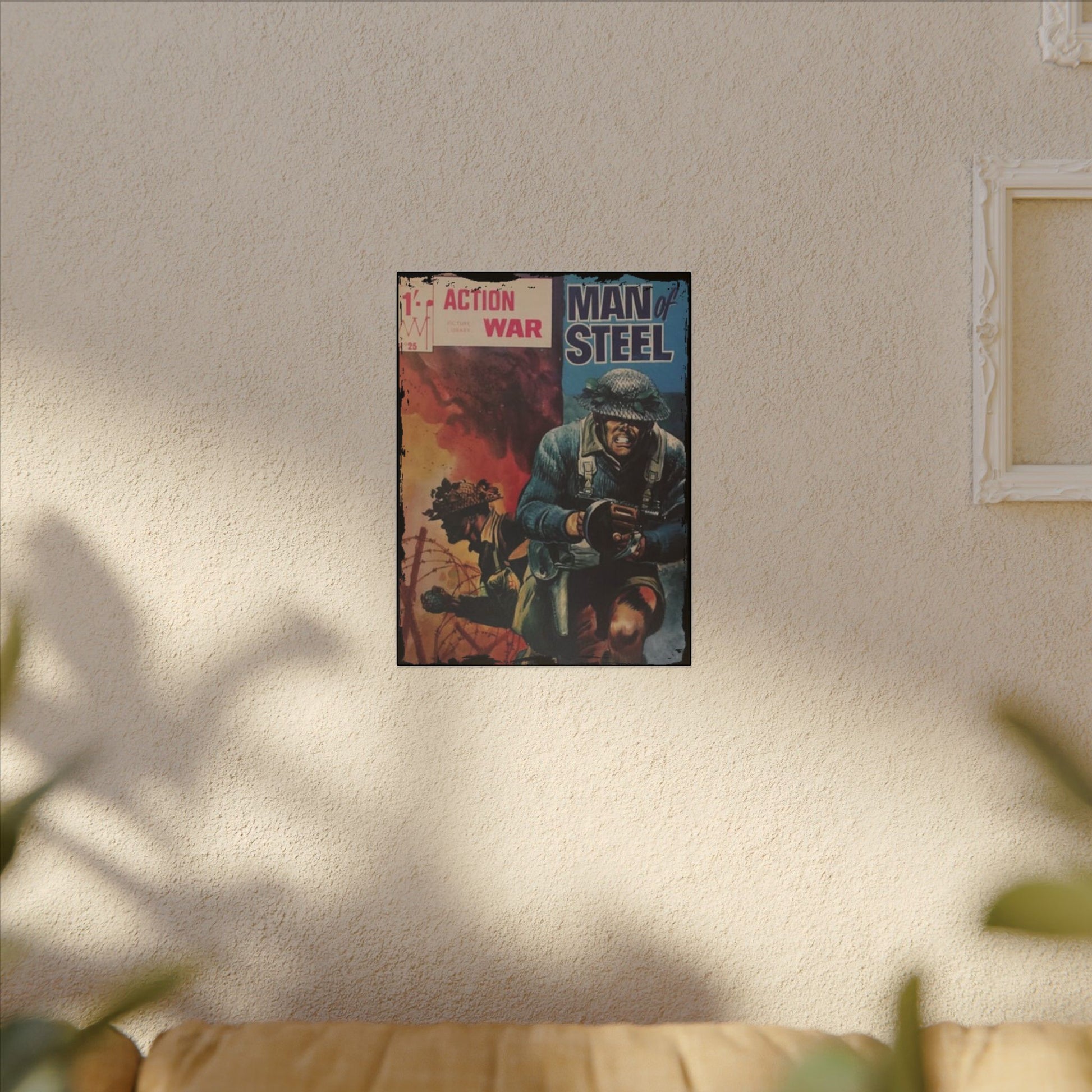 Close-up of the textured canvas surface featuring subtle brushstroke details and vibrant color blending from the Action War