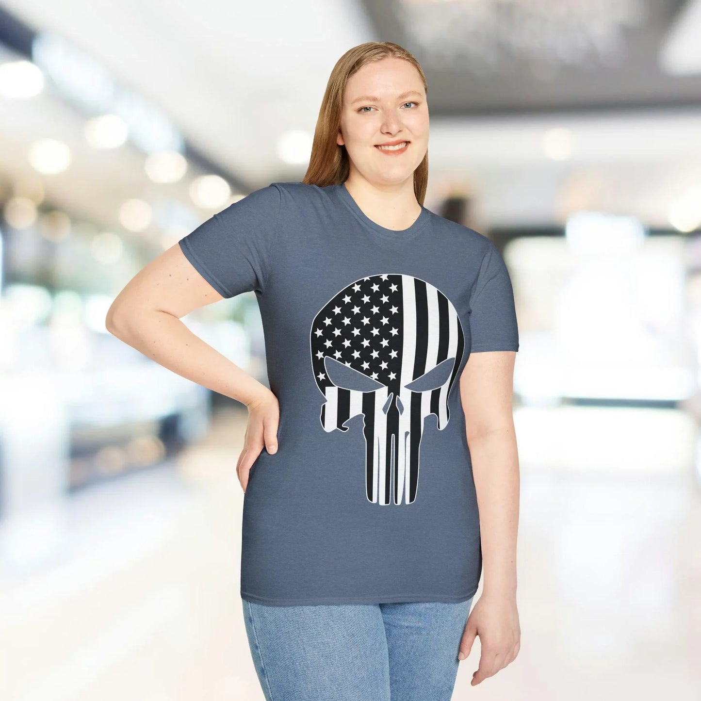 Close-up of the American Skull Flag B&W T-Shirt's black fabric showing smooth texture and subtle print details at the sleeve