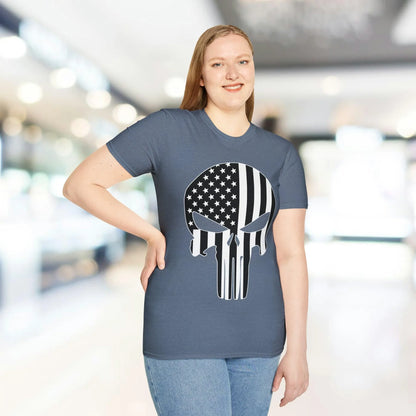 Close-up of the American Skull Flag B&W T-Shirt's black fabric showing smooth texture and subtle print details at the sleeve