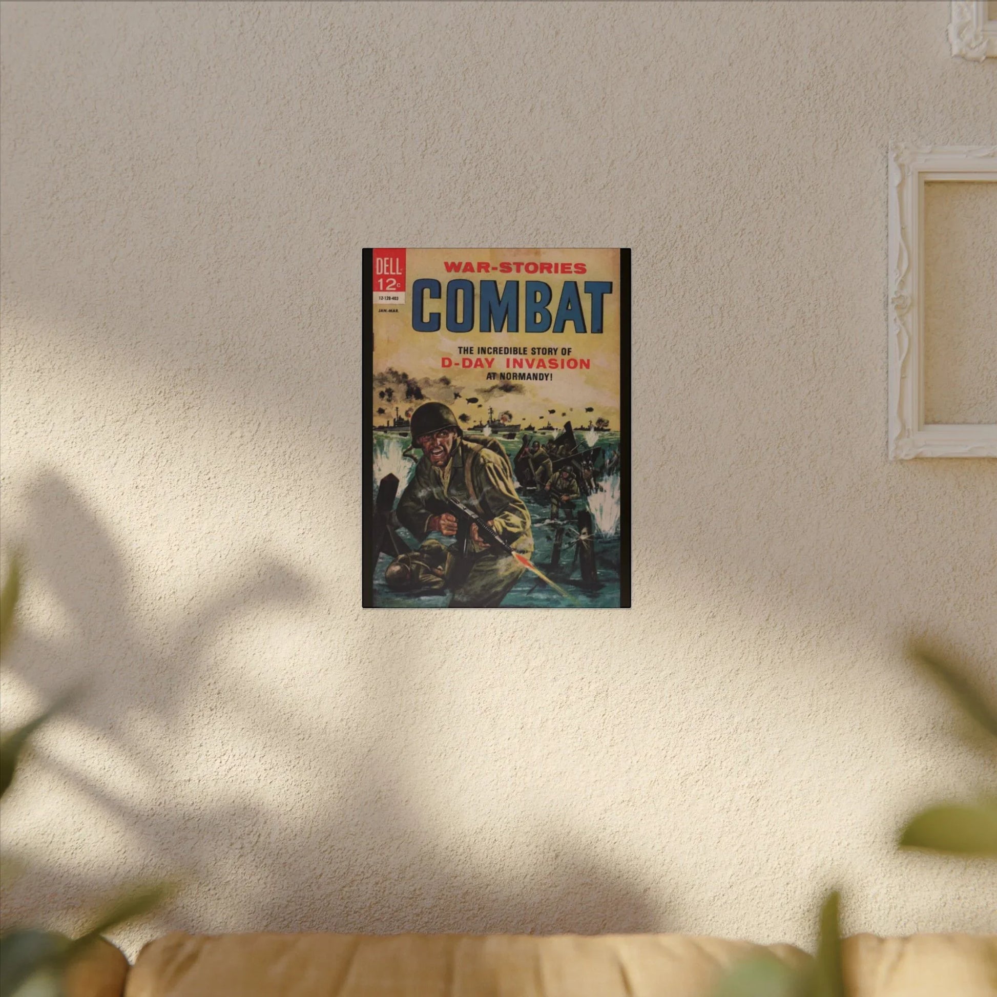 Close-up of the canvas fabric showing textured surface and subtle color variations in the Combat, Mar 1964 design detail.