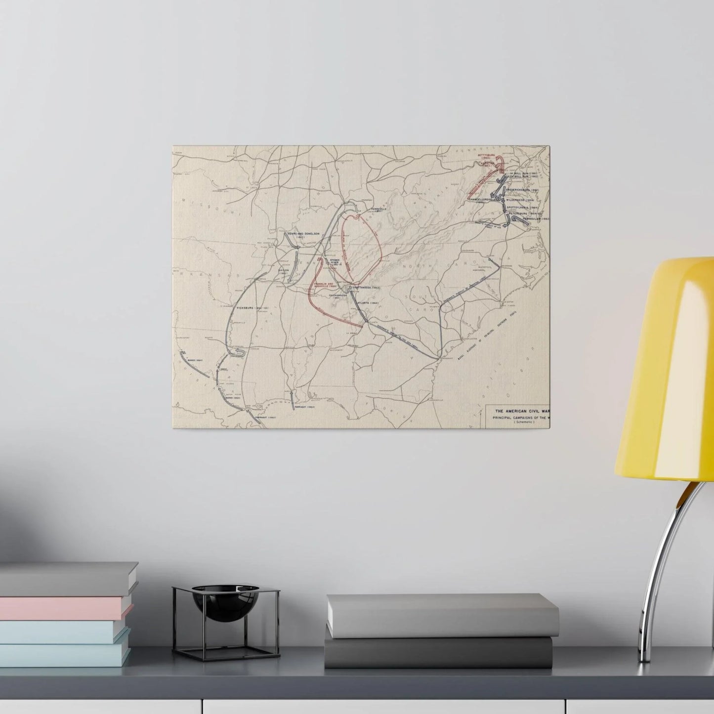 Close-up of detailed artwork on canvas depicting artillery and soldiers from the Civil War era, emphasizing textured