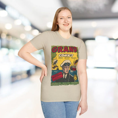 Close-up of the soft, heather gray fabric texture highlighting the relaxed fit and subtle stitching detail on the neckline.