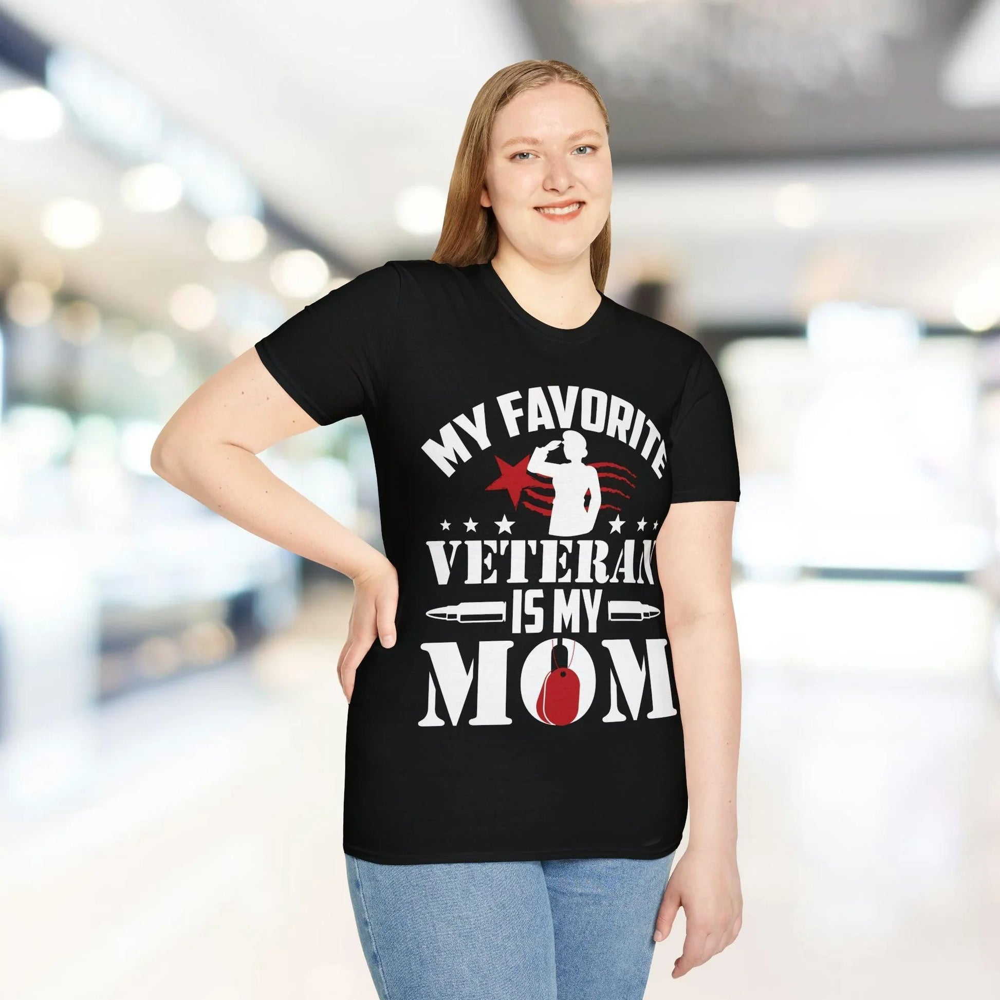 Front neckline close-up highlighting the softness and smooth cotton blend fabric of the unisex Favorite Veteran Mom T-Shirt