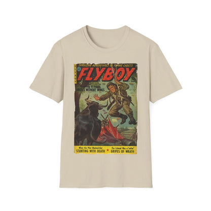 Close-up of the Flyboy No.1 T-shirt neck label displaying size and fabric content in black ink on white cotton fabric