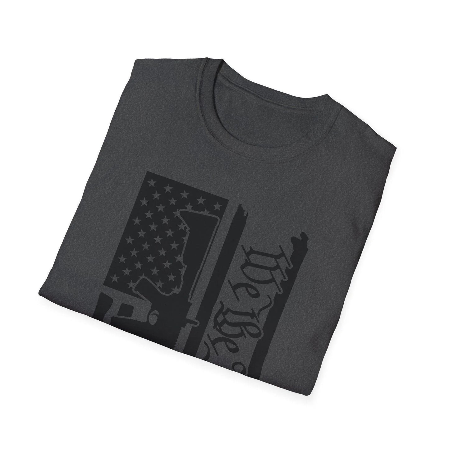 Close-up of distressed black and white American flag print on the chest area highlighting vintage fabric texture and matte