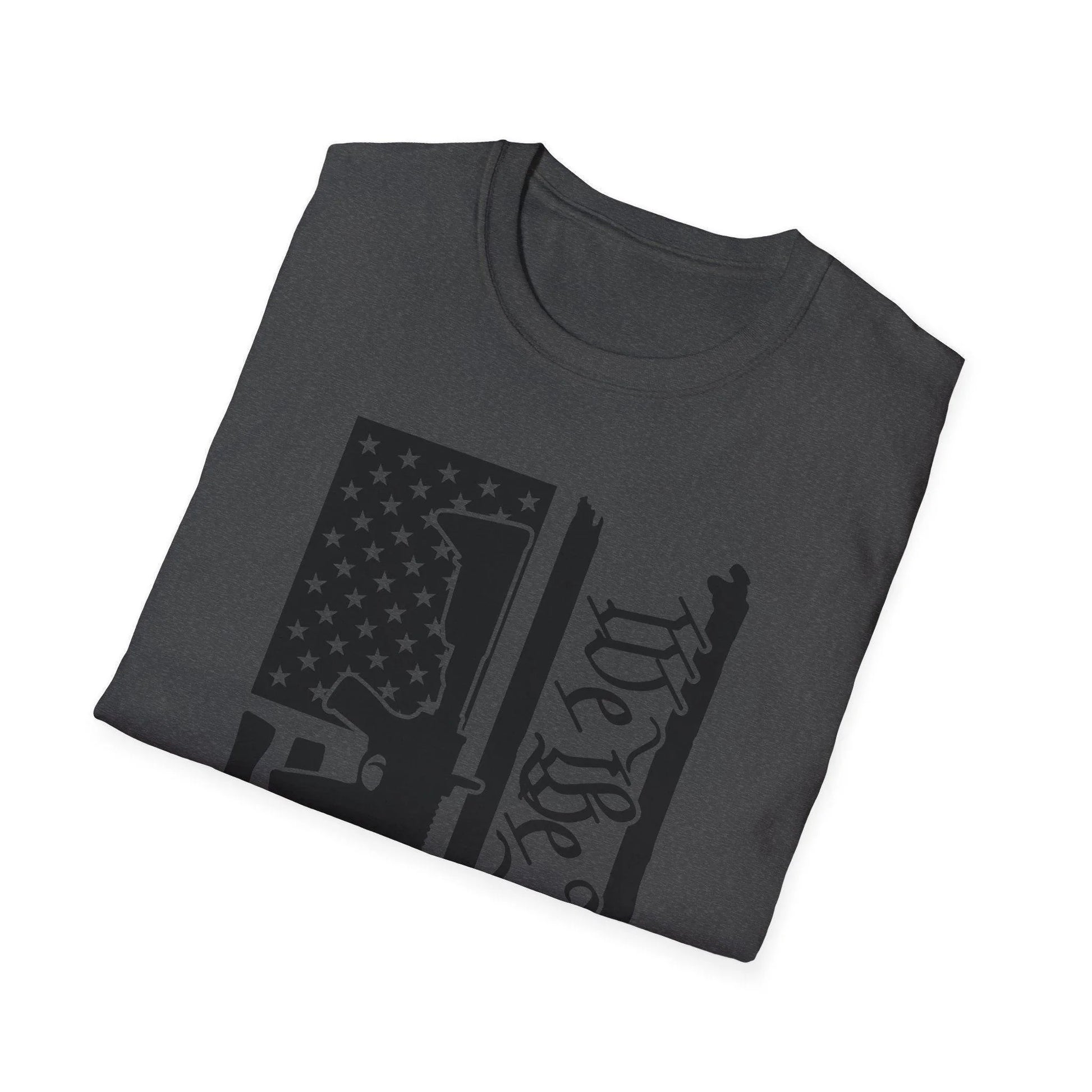 Close-up of distressed black and white American flag print on the chest area highlighting vintage fabric texture and matte