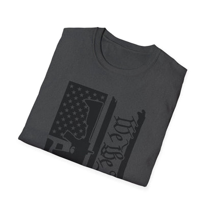 Close-up of distressed black and white American flag print on the chest area highlighting vintage fabric texture and matte