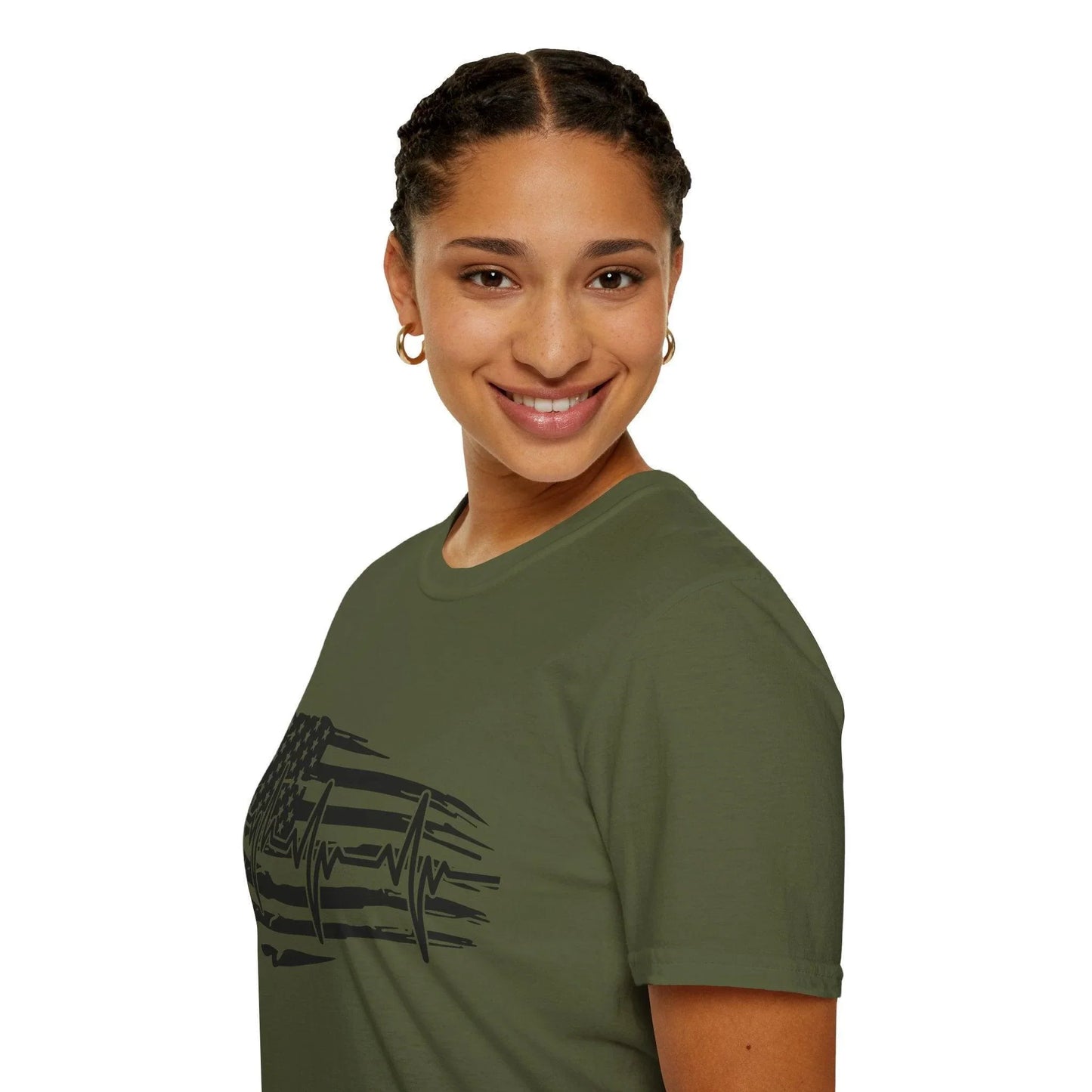 Close-up of the distressed black-and-white American flag heartbeat graphic on the chest, highlighting textured print detail