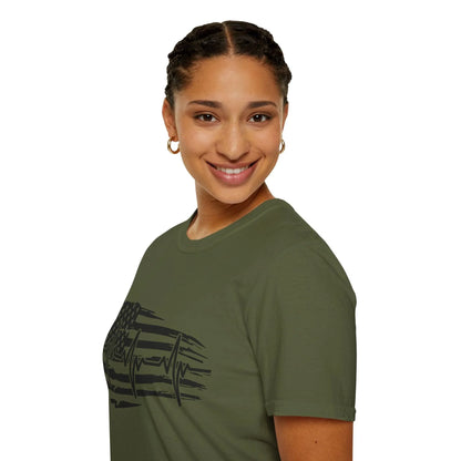 Close-up of the distressed black-and-white American flag heartbeat graphic on the chest, highlighting textured print detail