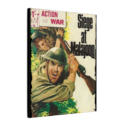 Close-up of the textured canvas material showcasing vibrant colors and detailed print of Action War #30 comic cover design.