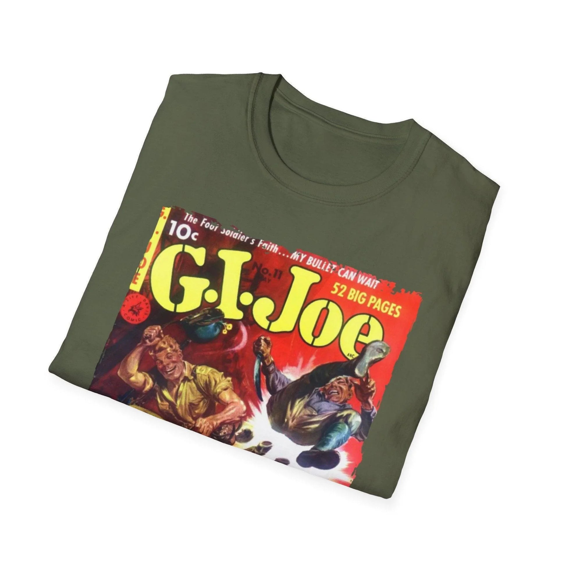 Close-up of the G.I. Joe No.11 softstyle T-shirt’s crew neckline and subtle stitching detail in vibrant olive green color.