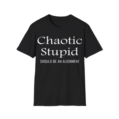 Printify white unisex cotton crew neck T-shirt with "Chaotic Stupid should be an alignment" graphic, regular fit, DTG