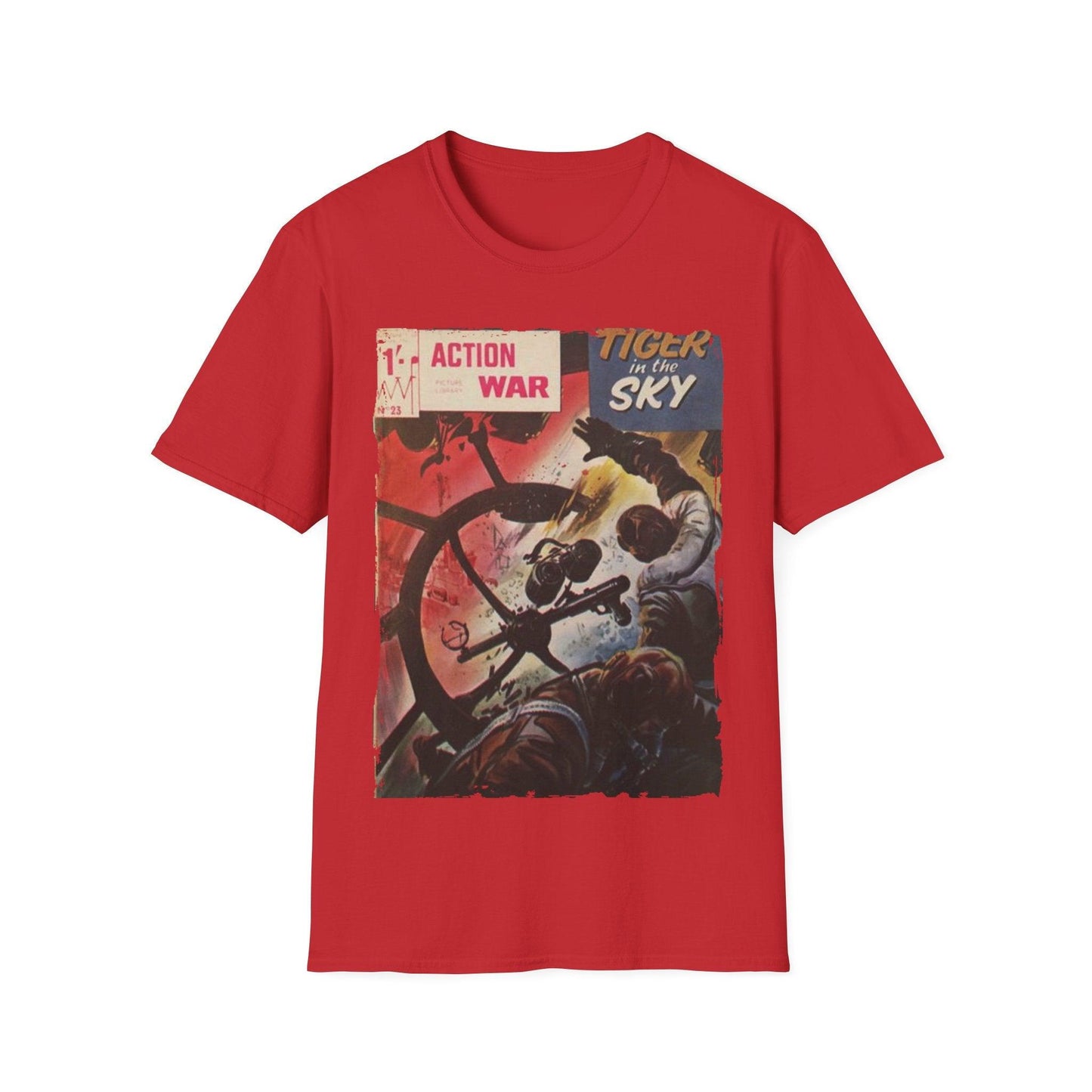 Close-up of the unisex softstyle T-shirt's reinforced neckline stitching in vibrant blue cotton fabric with a subtle