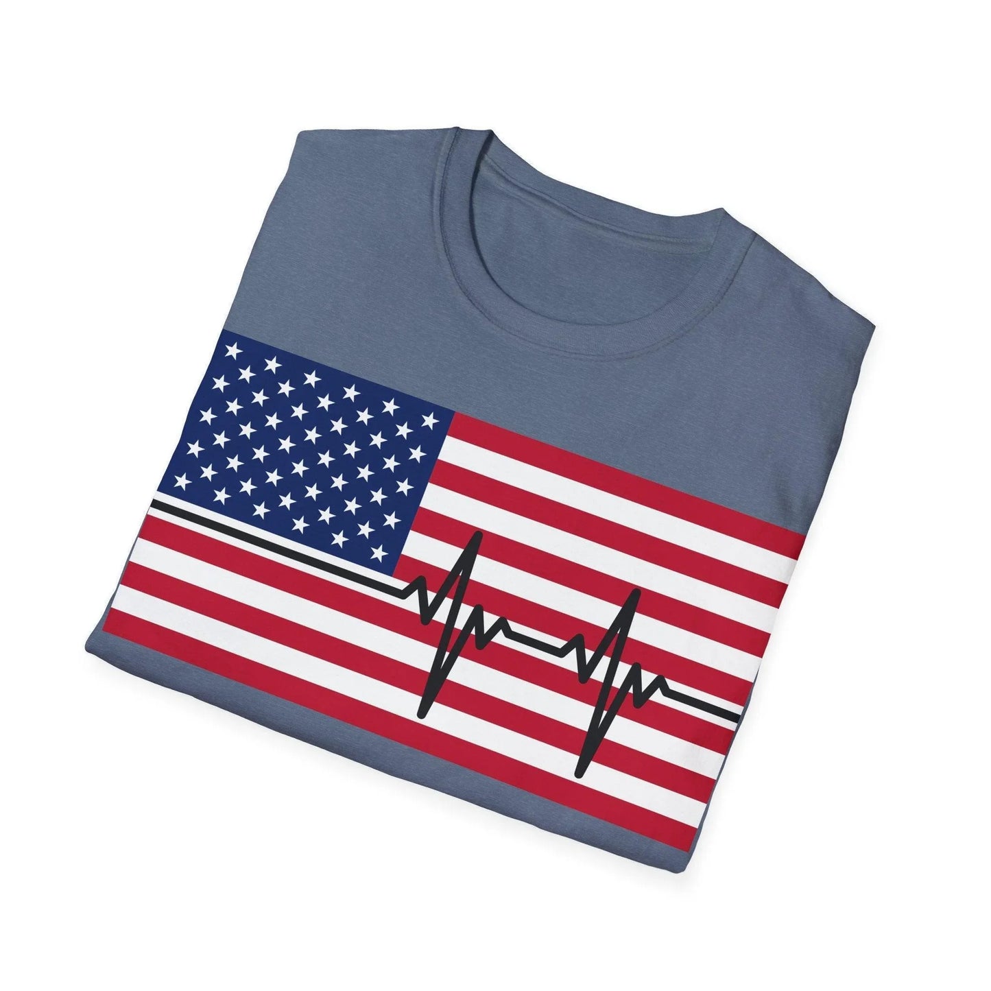 Close-up of the unisex softstyle fabric showing vibrant red and blue colors with detailed heartbeat and American flag heart