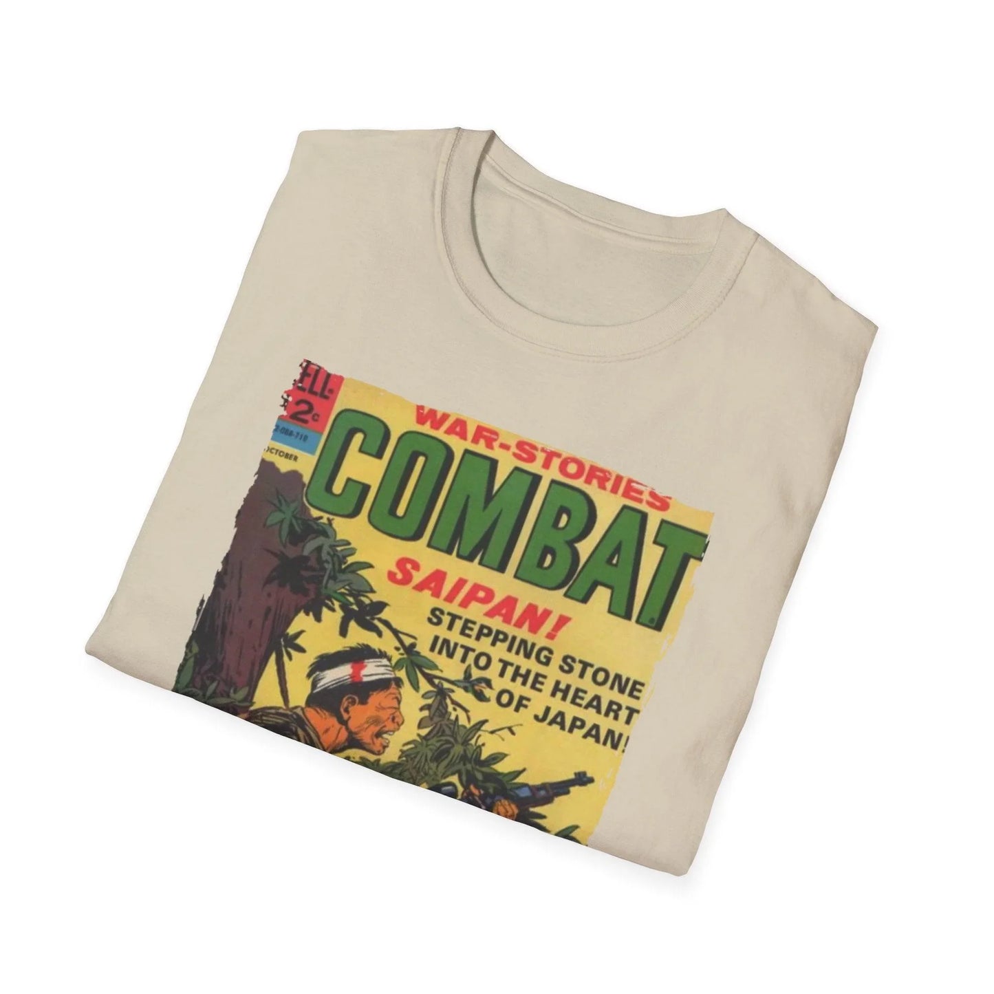 Close-up of the Combat Oct 1967 unisex softstyle T-shirt displaying the chest graphic with vibrant print and soft cotton