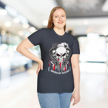 Close-up of the American Veteran unisex softstyle T-shirt’s white neckline tag displaying size and care instructions from a