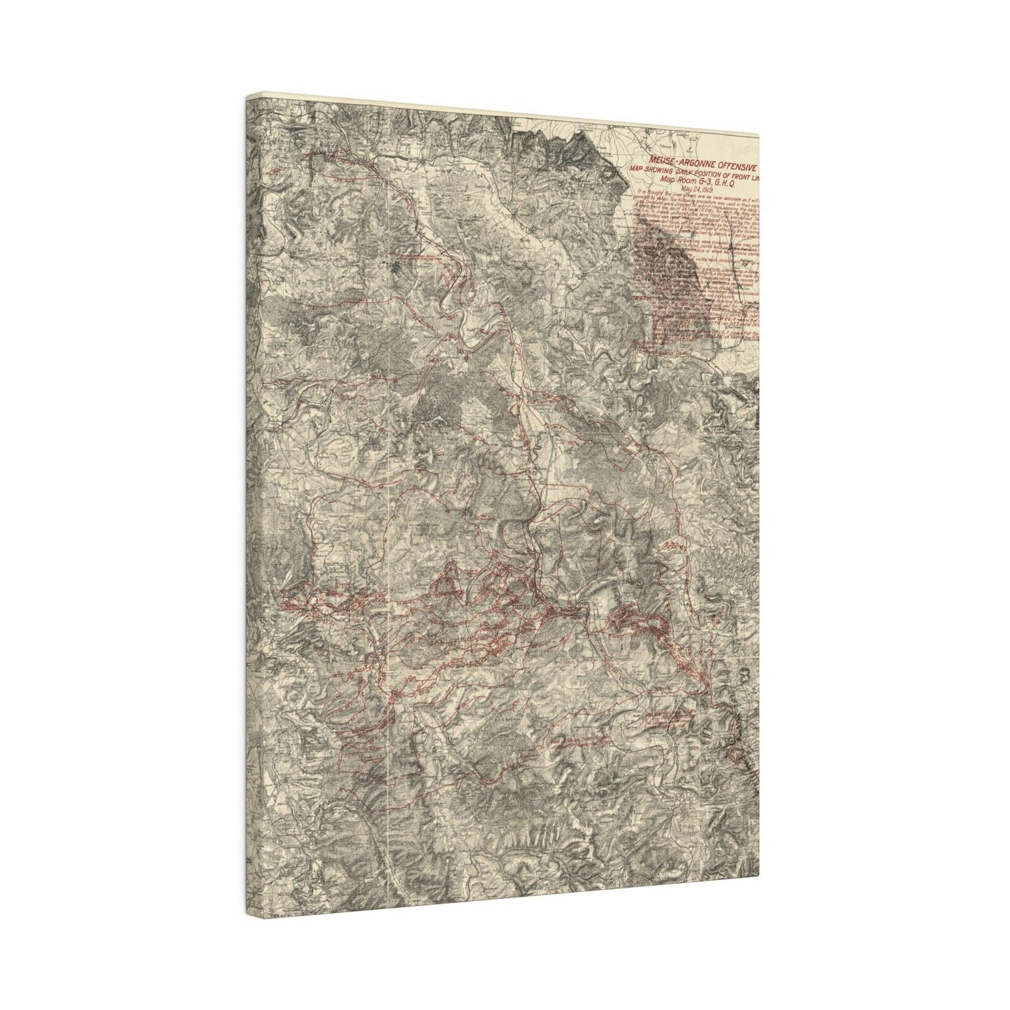 Close-up of detailed G.H.Q. handwritten annotations on the May 24, 1919 map in canvas material, showing historical markings