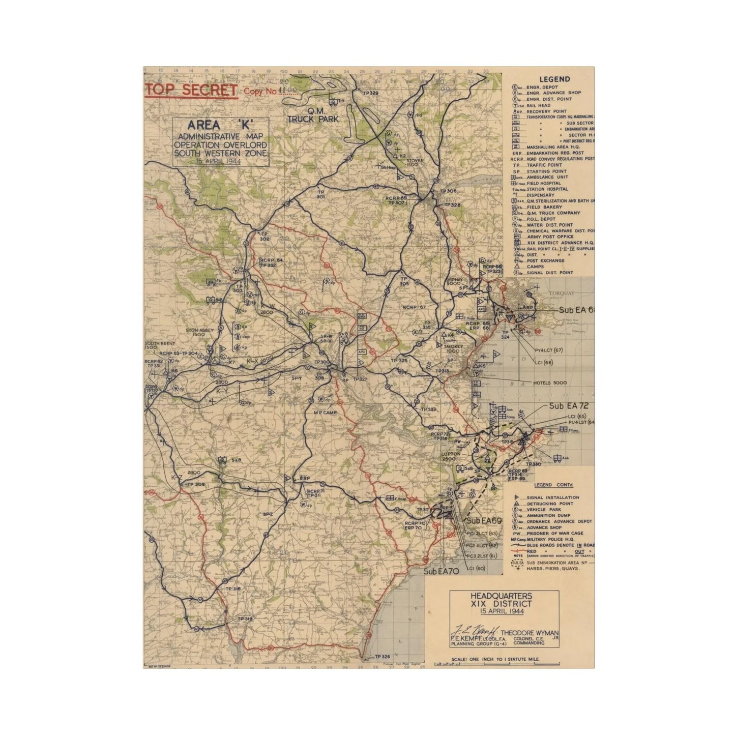 Printify canvas print of Area K, Administrative Map of Operation Overlord, South Western Zone, April 1944, matte finish