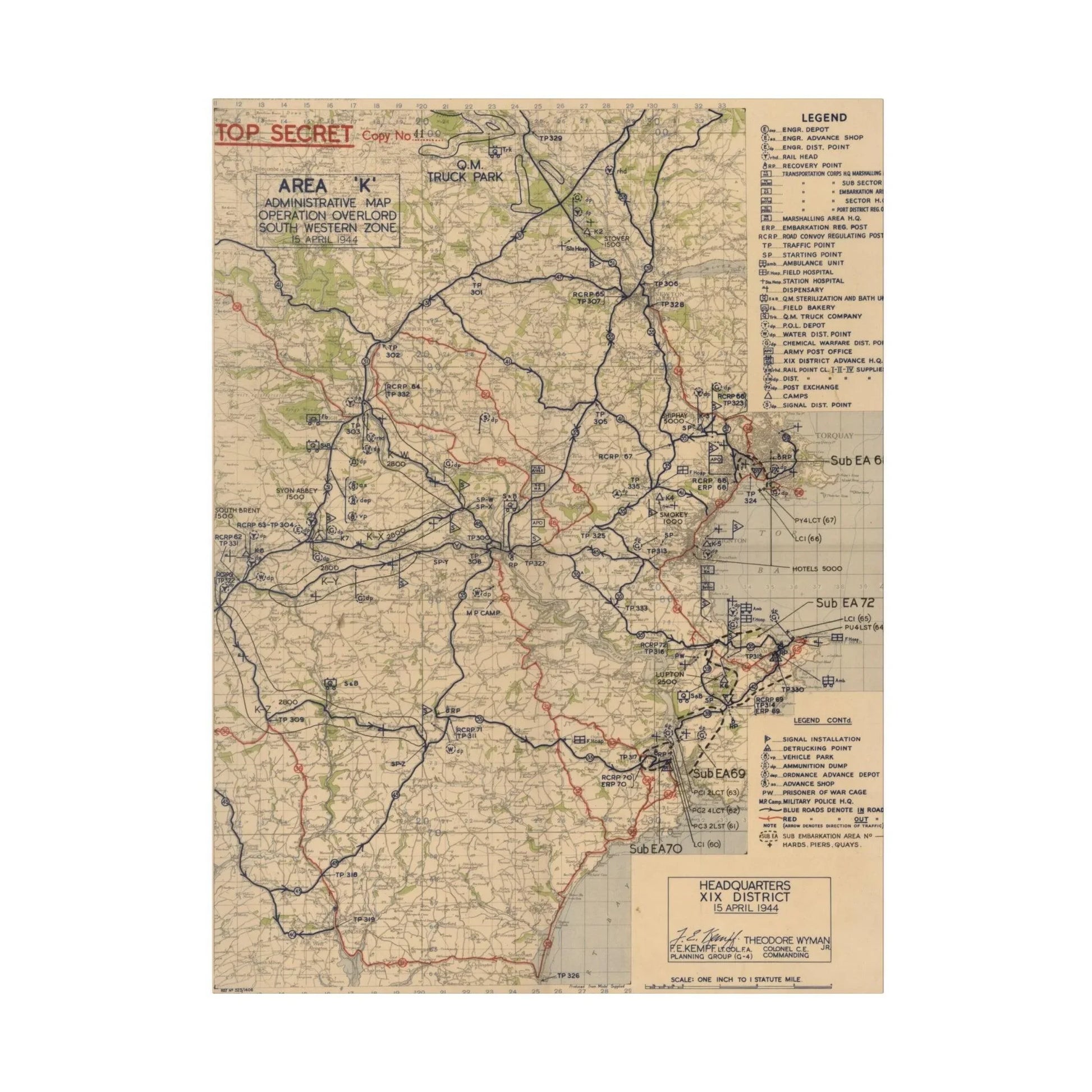 Canvas print of Area K, Operation Overlord South Western Zone map, 15 April 1944, with matte finish and eco-friendly