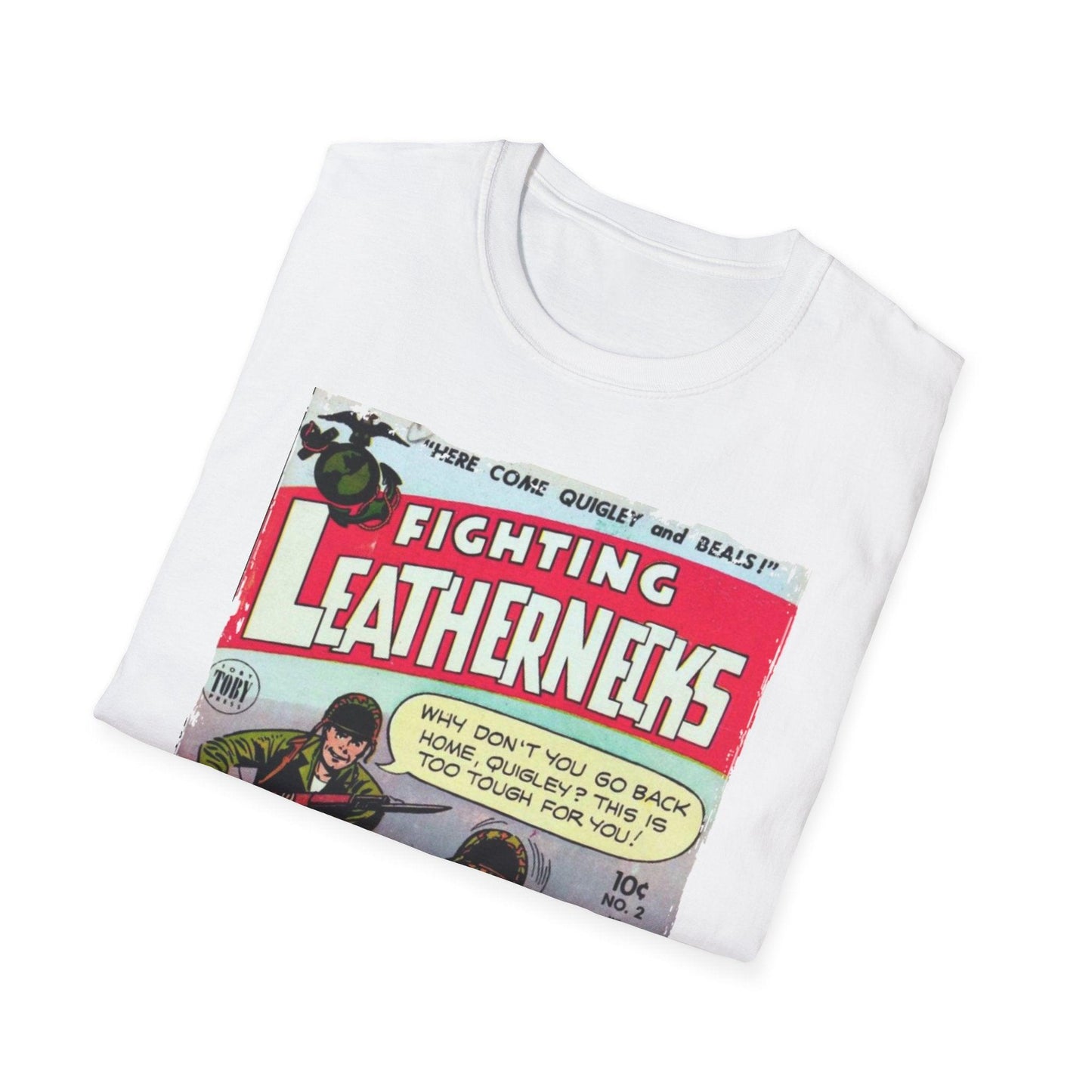 Close-up of the unisex softstyle T-shirt fabric showing smooth navy material and subtle stitched collar detail at the