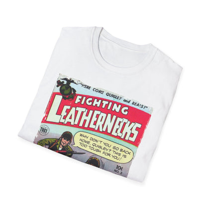 Close-up of the unisex softstyle T-shirt fabric showing smooth navy material and subtle stitched collar detail at the