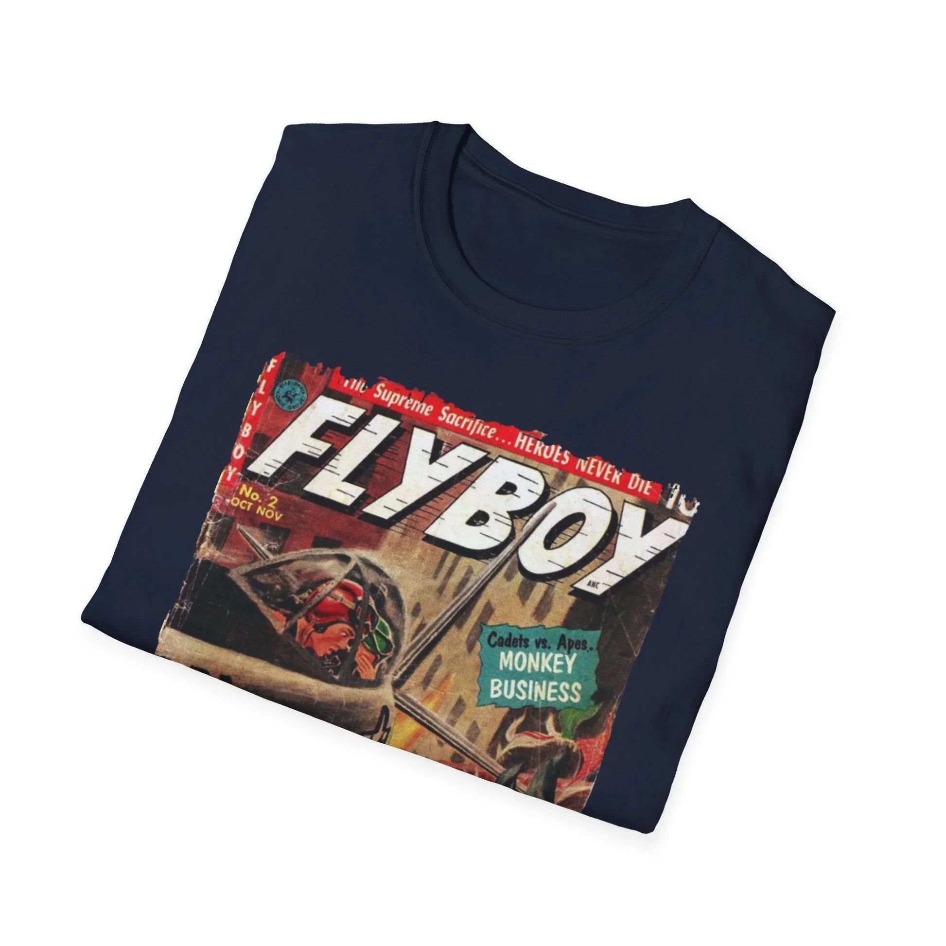 Close-up of the Flyboy No.2 T-shirt's soft cotton fabric showing subtle heather texture and relaxed fit at the hem.