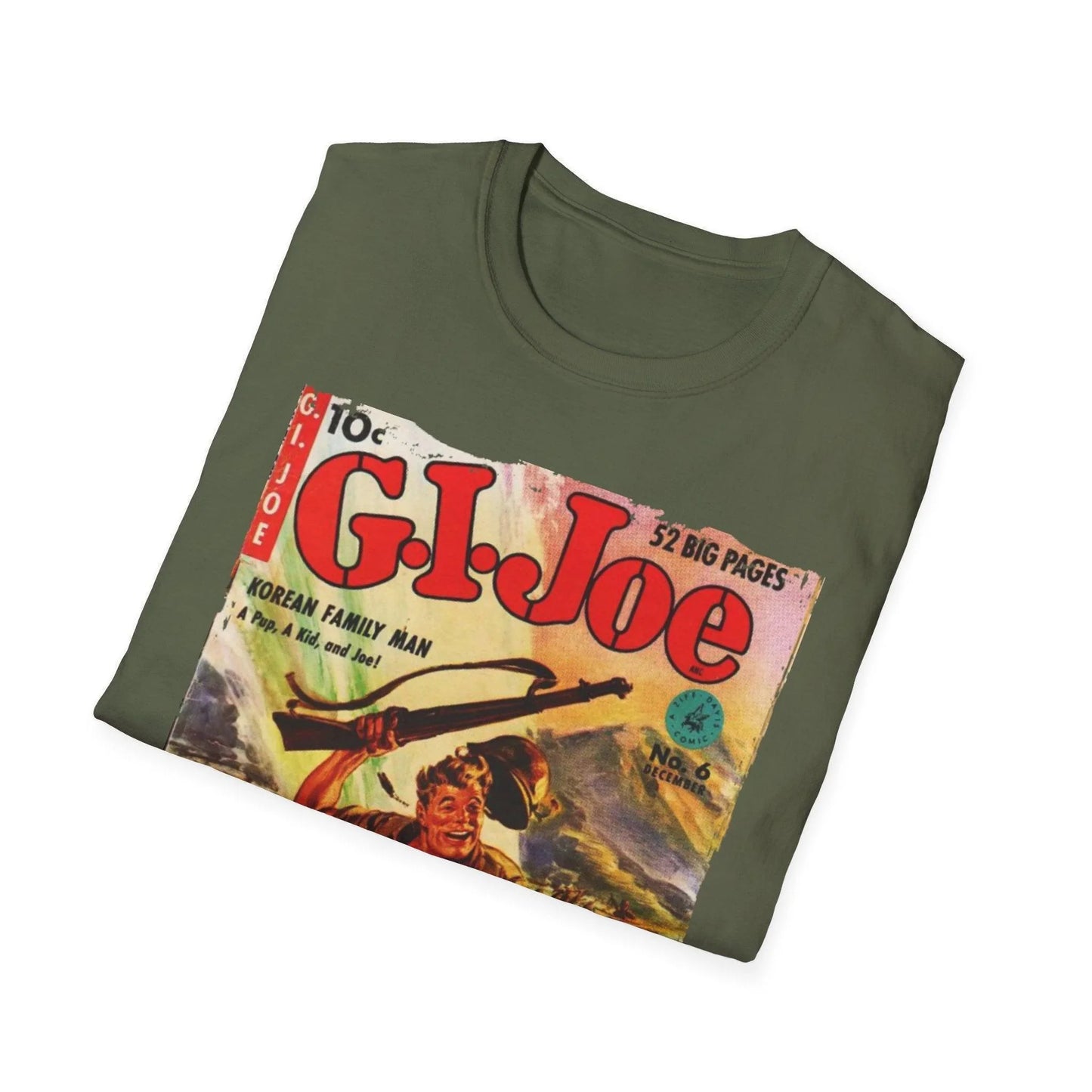 Close-up of the G.I. Joe No.6 softstyle T-shirt fabric showing the smooth, relaxed cotton blend and subtle heather pattern