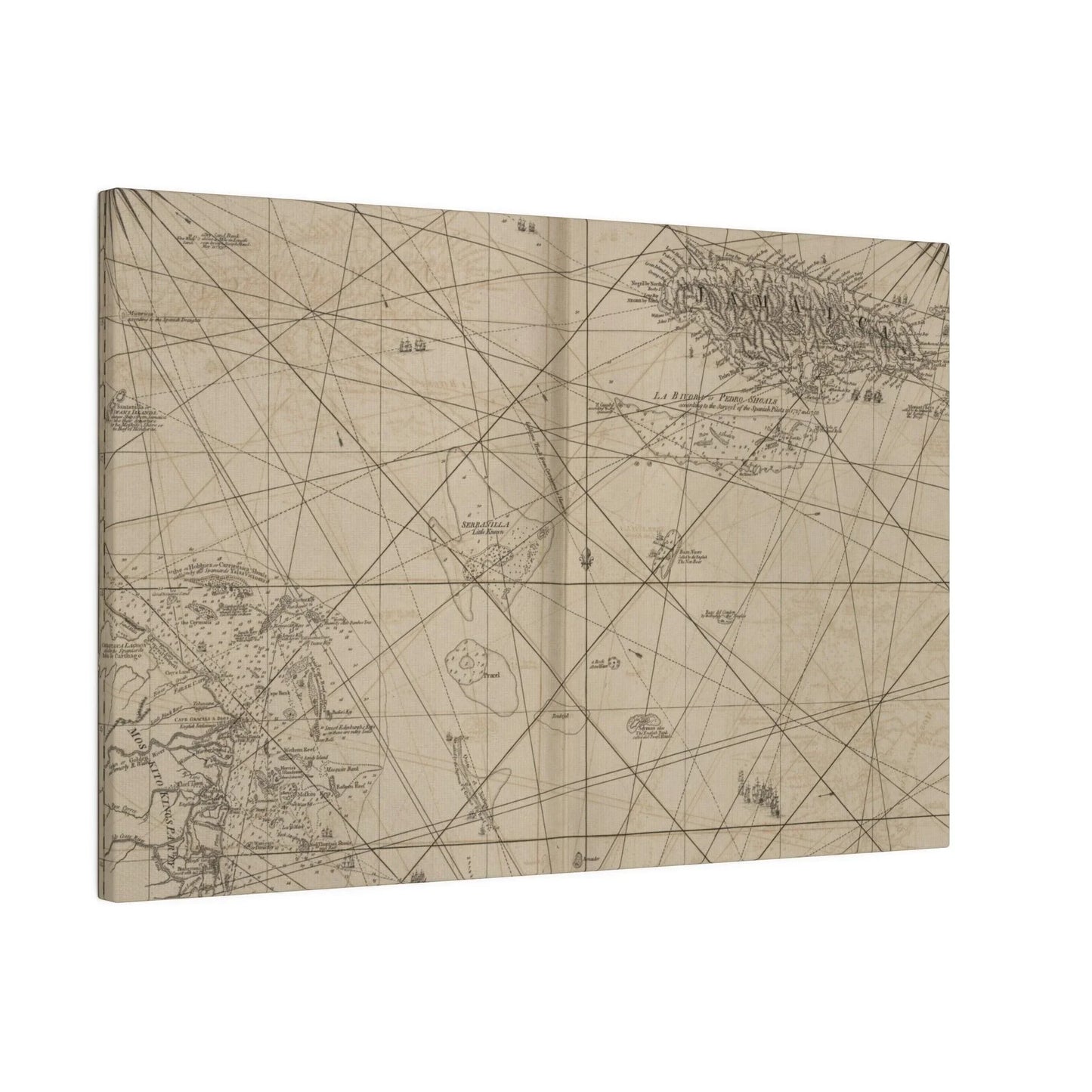 Close-up of vibrant Caribbean island map detail highlighting Jamaica and Cape Gracias a Rios with textured canvas finish